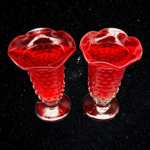Vintage Set of 2 Art Glass Hand Blown Ruby Red Hobnail Bud Vases 6”T 3.75”W - Picture 2 of 11
